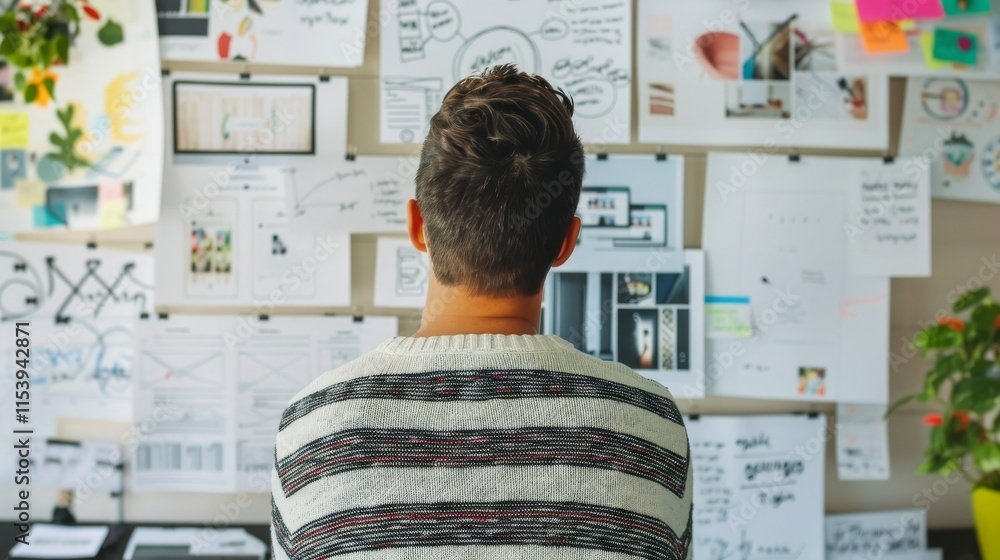 Is Wall Printing Worth The Cost? Person brainstorming in front of a wall filled with creative notes, wireframes, and strategy diagrams.