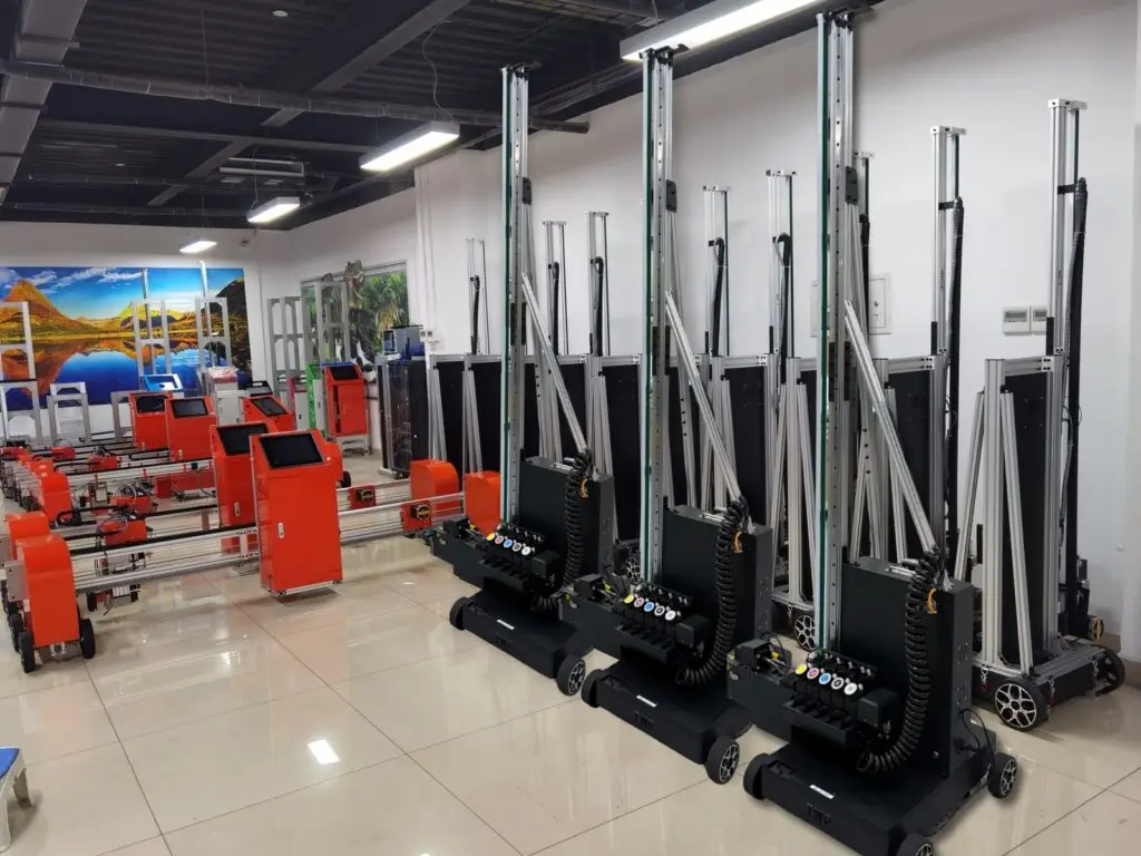Warehouse showroom stocked with wall printers and floor printers featuring black vertical wall printing machines with ink cartridges and floor graphic printers with touch screen controls