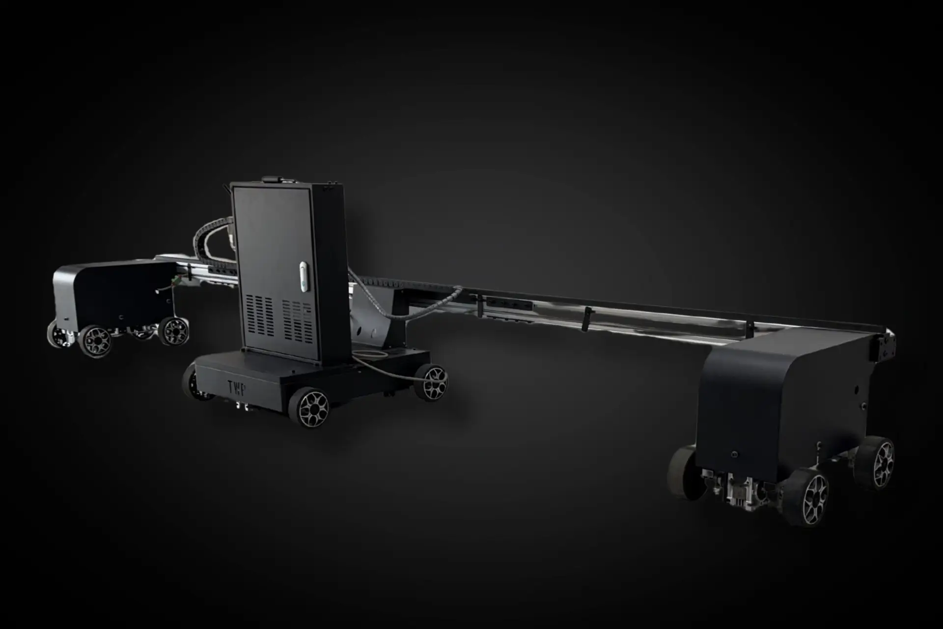 TWP FUV Floor Printer — commercial UV floor printing machine with extended rail arm, control unit enclosure, and dual wheeled transport system