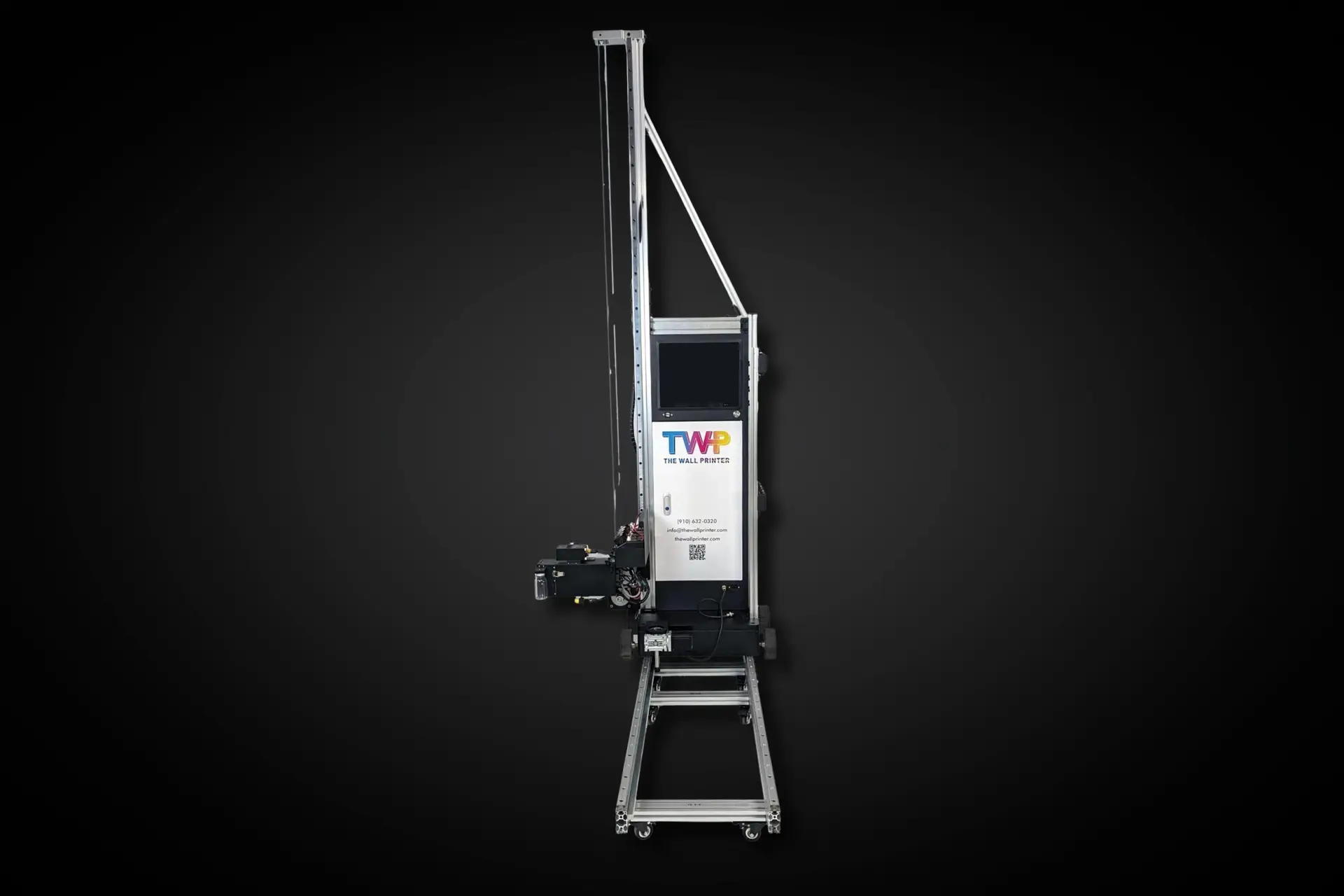 The Wall Printer WP-UV-PRO commercial wall printer — full product view showing aluminum rail system, Epson i3200 printhead carriage, onboard touchscreen, and custom brand door with TWP logo