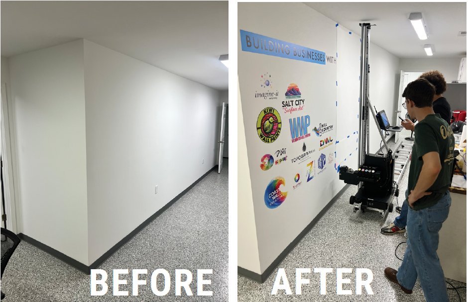 Office wall before and after a direct-to-surface UV print
