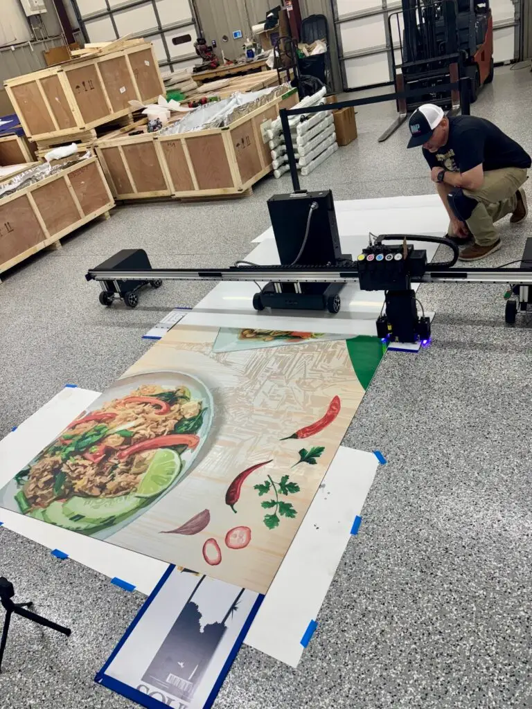 Operator running a TWP floor printer producing a full-color restaurant food mural on a printed surface at the Wilmington headquarters.