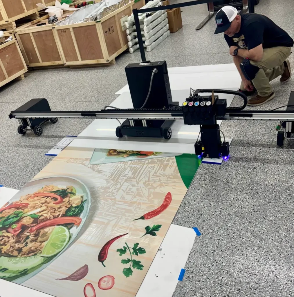 Operator running a TWP floor printer producing a full-color restaurant food mural on a printed surface at the Wilmington headquarters.