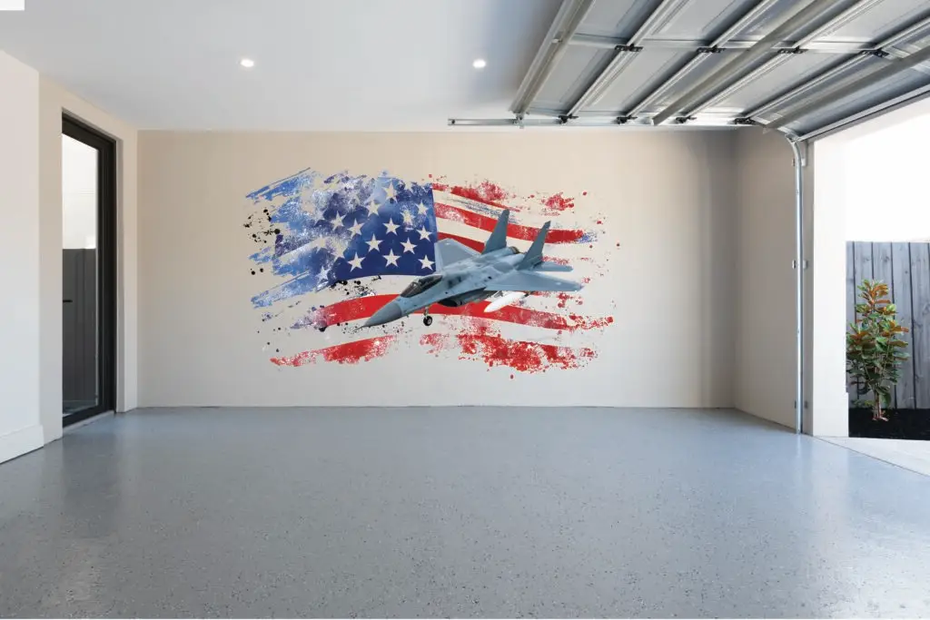 Custom garage wall mural printed directly onto an interior wall using a commercial UV wall printer.