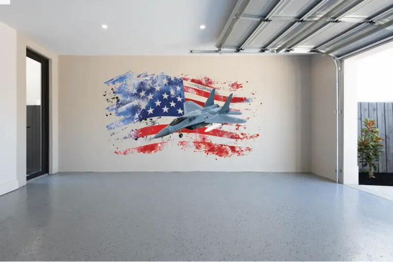 Custom garage wall mural printed directly onto an interior wall using a commercial UV wall printer.