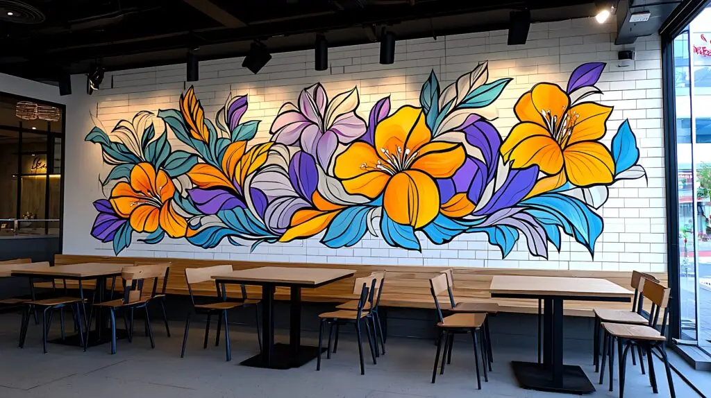 Colorful custom restaurant wall mural printed directly onto tile using a UV wall printer for commercial interior branding.