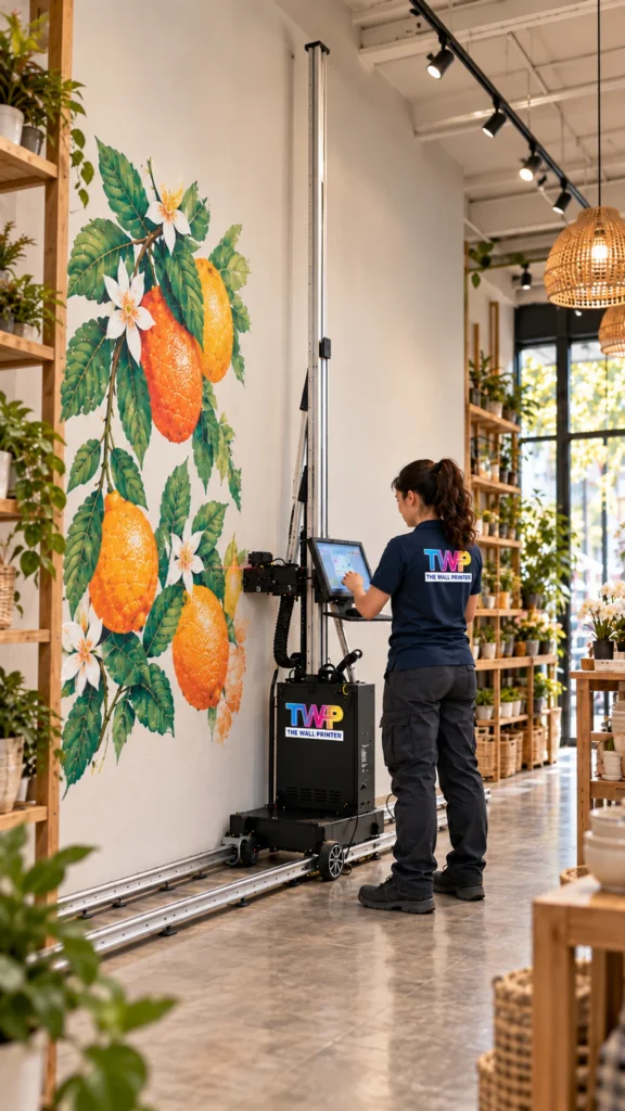 Rendering: Citrus mural printed on a white brick cafe storefront, with the technician at the touchscreen