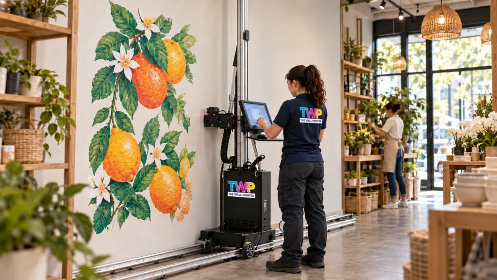 Rendering: Citrus mural printed on a white brick cafe storefront, with the technician at the touchscreen