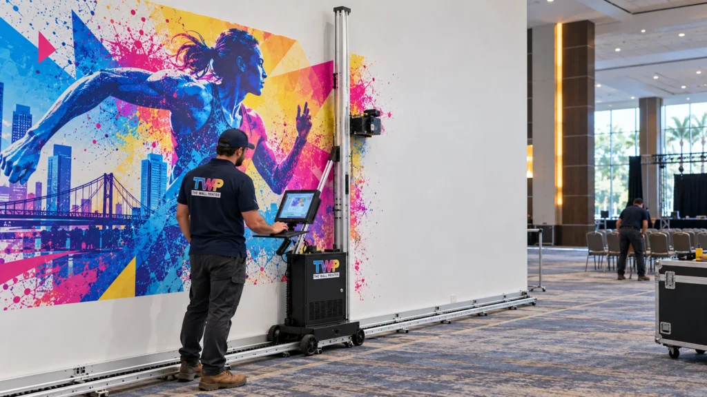 Rendering: Geometric wall graphic and a printed floor medallion in a convention center lobby