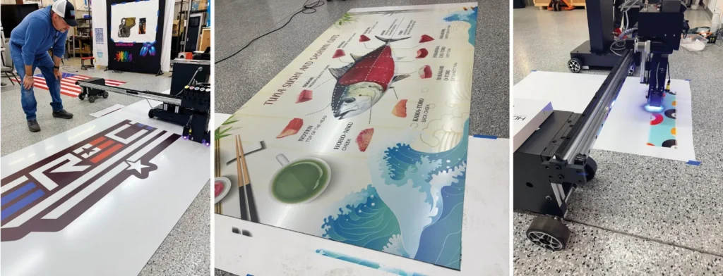 Floor graphics printed directly onto a shop floor, including a fish illustration and a racing logo