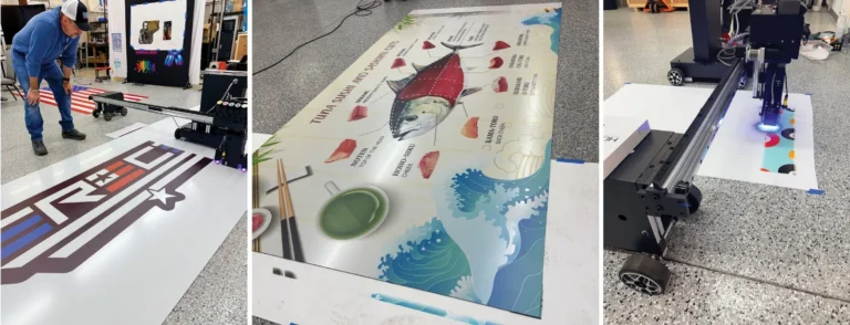 Floor graphics printed directly onto a shop floor, including a fish illustration and a racing logo