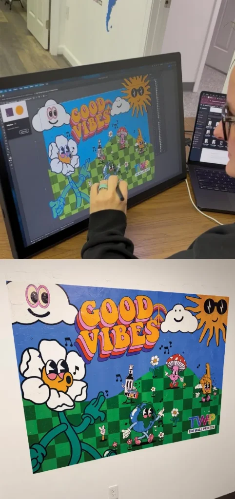 Good Vibes design on a screen and the same design printed on a wall