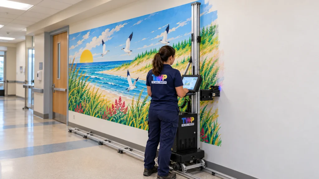 Rendering: Beach scene mural printed on a healthcare corridor wall