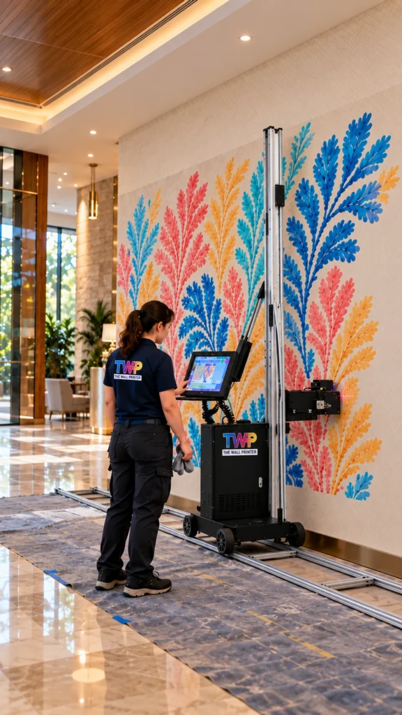 Rendering: Leaf pattern mural printed on a hotel lobby wall