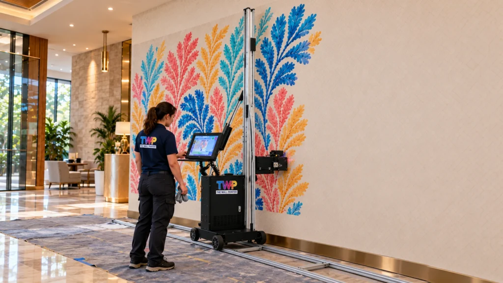 Rendering: Leaf pattern mural printed on a hotel lobby wall