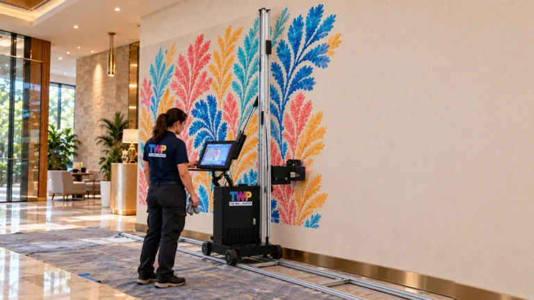Rendering: Leaf pattern mural printed on a hotel lobby wall