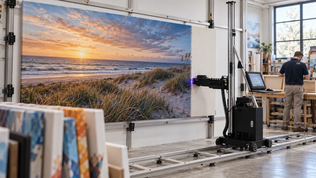 Rendering: a wall printer printing a beach sunset onto a large canvas panel mounted in a print shop