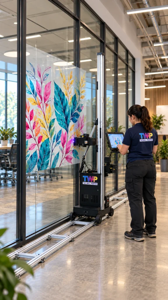 Rendering: Leaf graphics printed on an office glass partition
