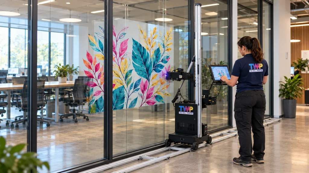 Rendering: Leaf graphics printed on an office glass partition