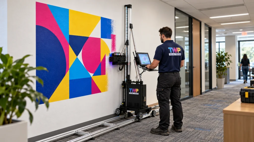 Rendering: Three wall printers printing a geometric graphic and a compass logo on an office lounge wall