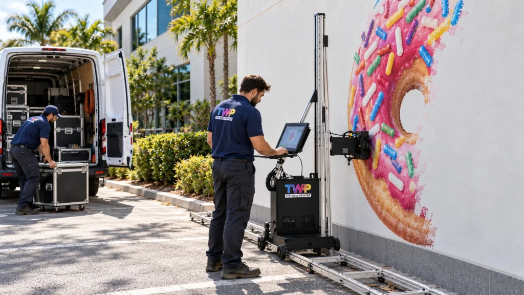 Rendering: Owner crew with two printers and vans printing a donut graphic on an exterior wall
