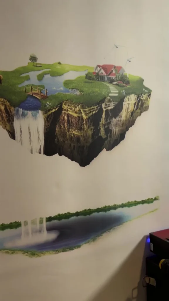 A floating island with waterfalls printed on a beige wall