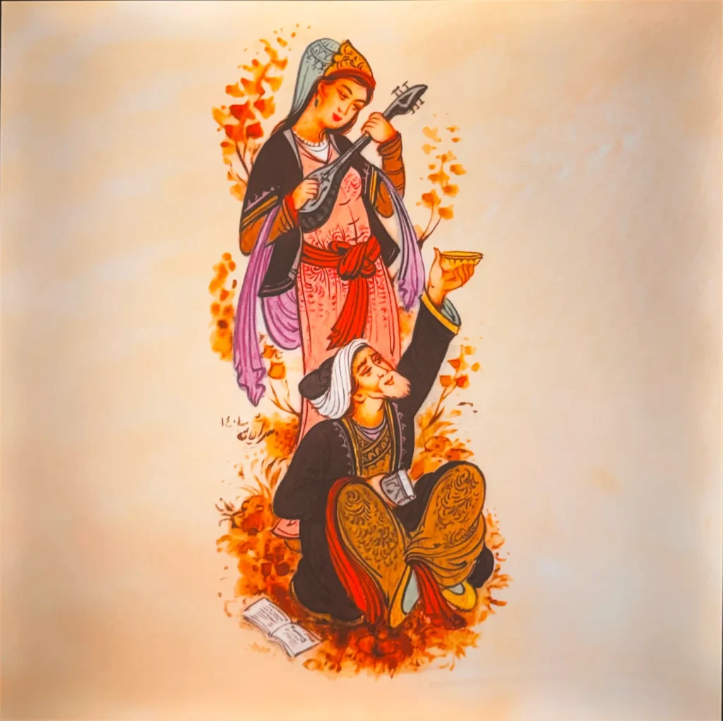 A Persian miniature style painting of two figures printed on a wall