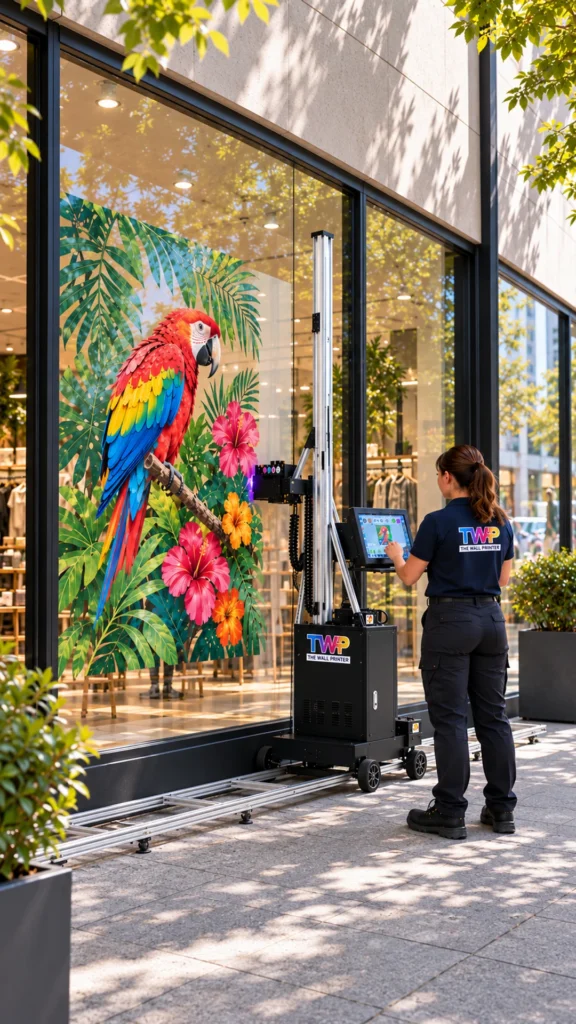 Rendering: Parrot and flowers printed on a retail storefront window