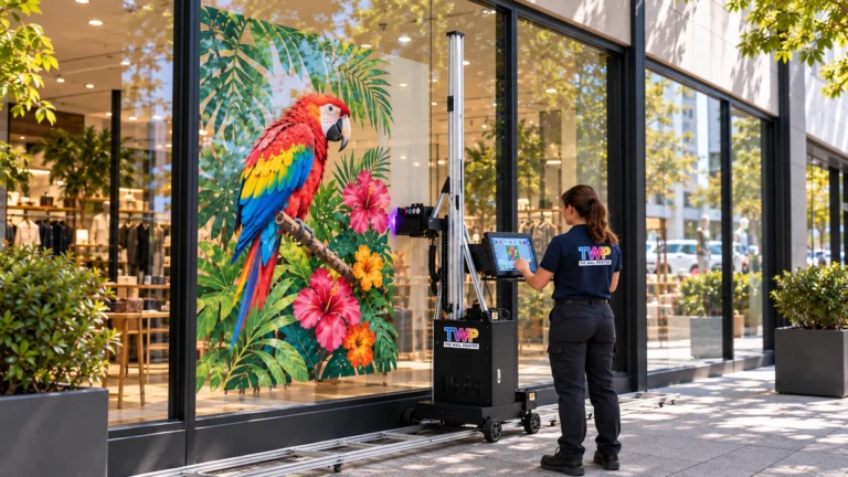 Rendering: Parrot and flowers printed on a retail storefront window