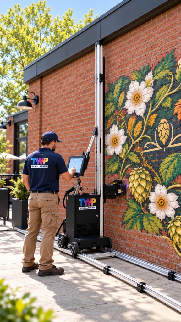 Rendering: Hops and flowers mural printed on a rooftop brick wall