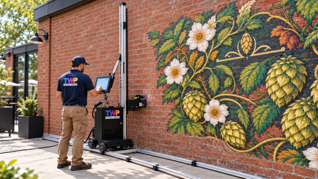 Rendering: Hops and flowers mural printed on a rooftop brick wall