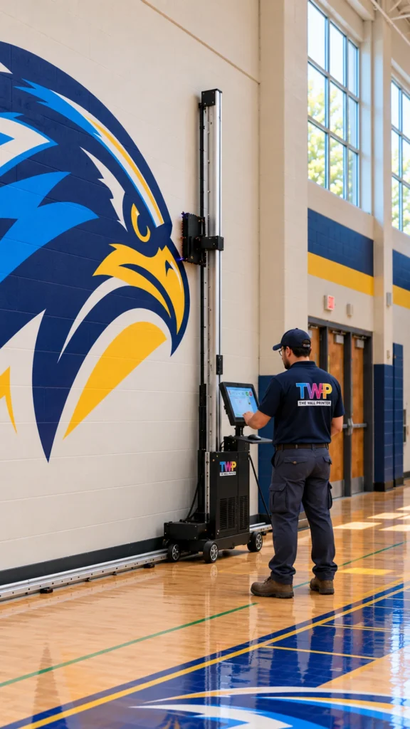 Rendering: Floor Series printing a falcon mascot on a school gym floor while the wall mascot prints behind it