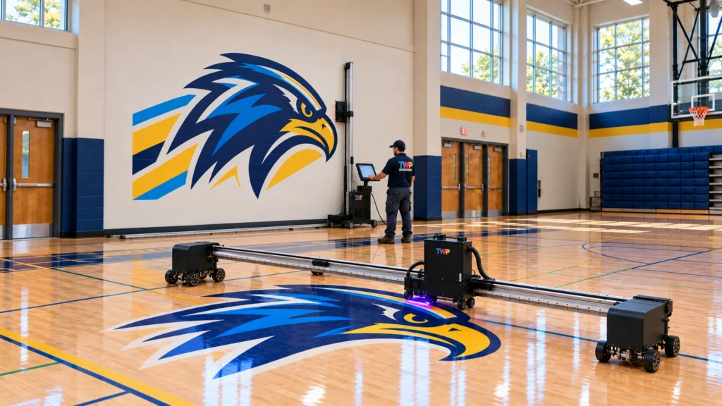 Rendering: Floor Series printing a falcon mascot on a school gym floor while the wall mascot prints behind it
