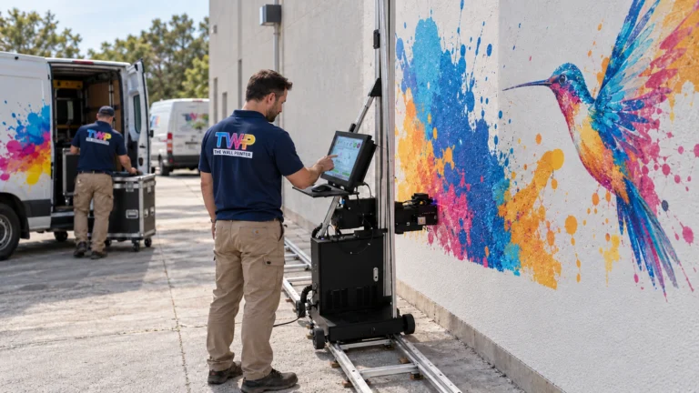Rendering: Service crews with three wall printers and wrapped vans outside a shop