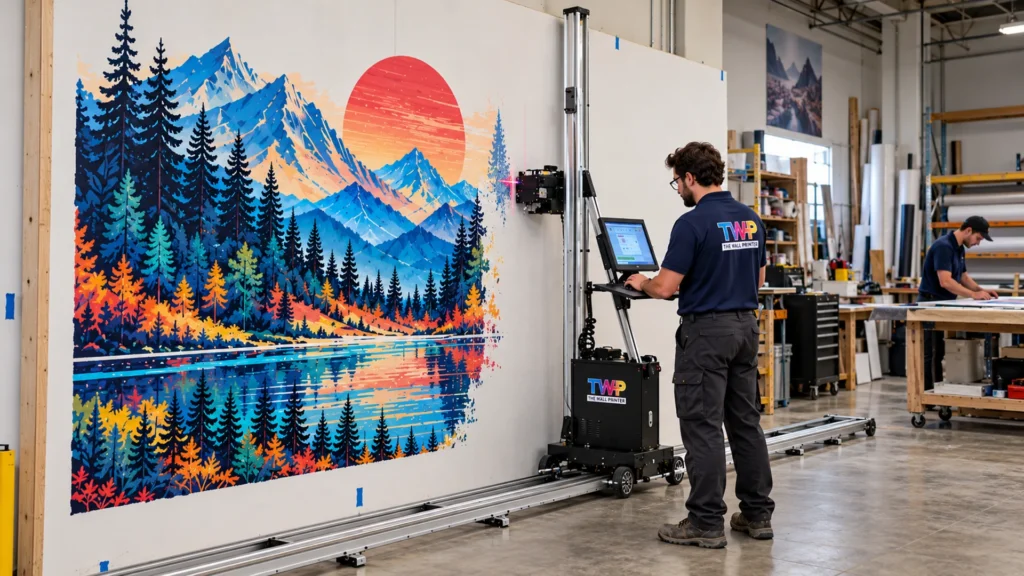 Rendering: Mountain scene printed on a plywood panel and a color circle printed on a floor panel in the shop