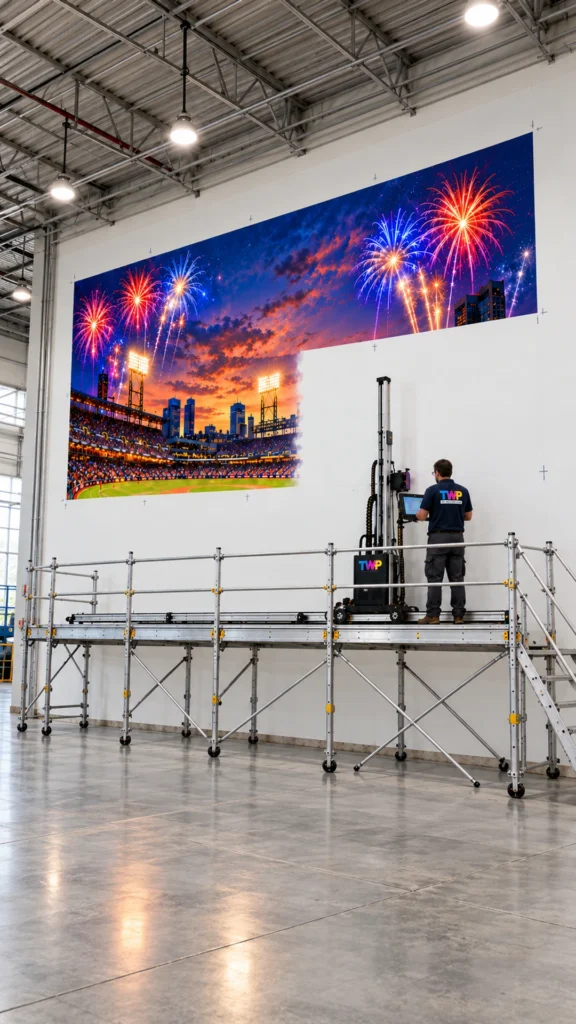 Rendering: Stadium fireworks mural printed in sections from a scaffold in a large hall