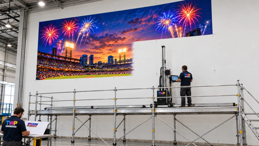 Rendering: Stadium fireworks mural printed in sections from a scaffold in a large hall