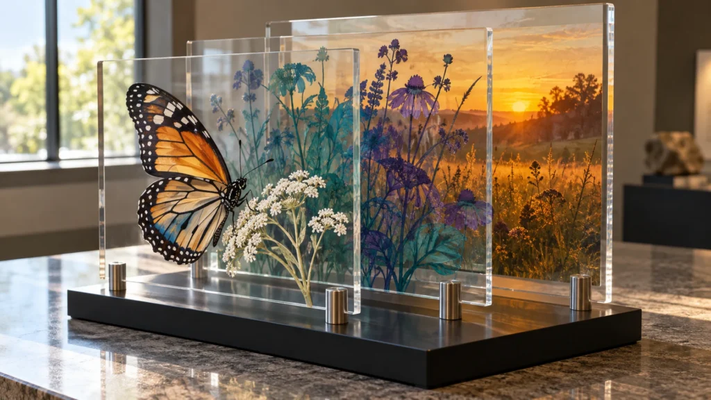 Rendering: three layered clear acrylic panels printed with a butterfly, wildflowers and a sunset, on a display base