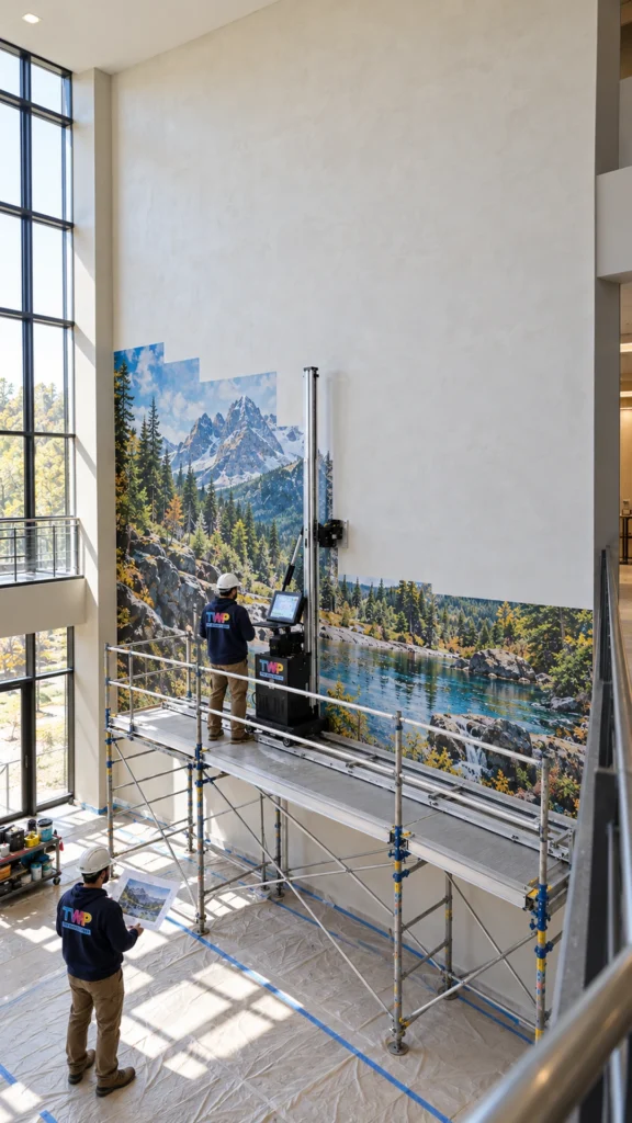Rendering: Mountain lake landscape printed in sections from a scaffold on a tall atrium wall