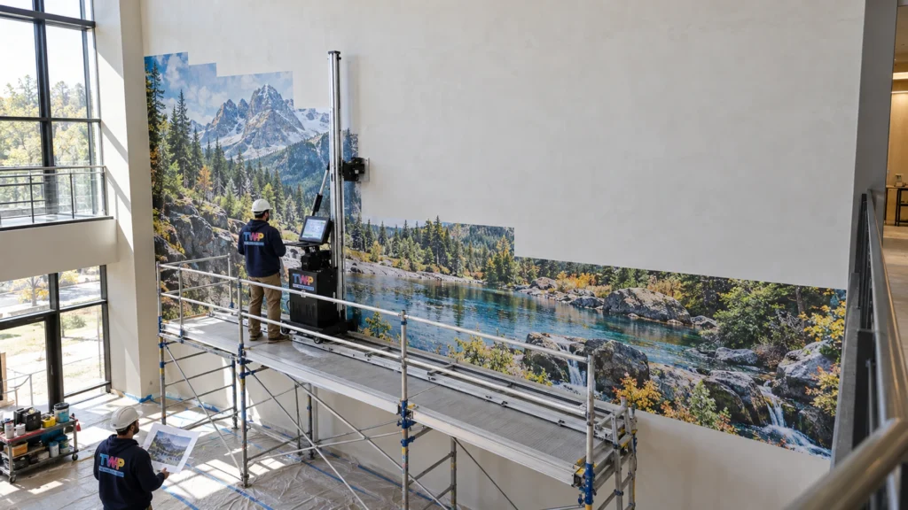 Rendering: Mountain lake landscape printed in sections from a scaffold on a tall atrium wall