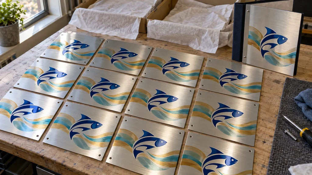 Rendering: a set of brushed aluminum plaques with the same fish logo, printed in one batch on a shop table