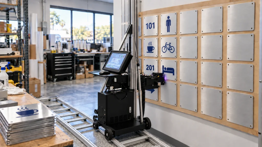 Rendering: a batch of brushed aluminum sign plates printed with room numbers and icons on a shop jig