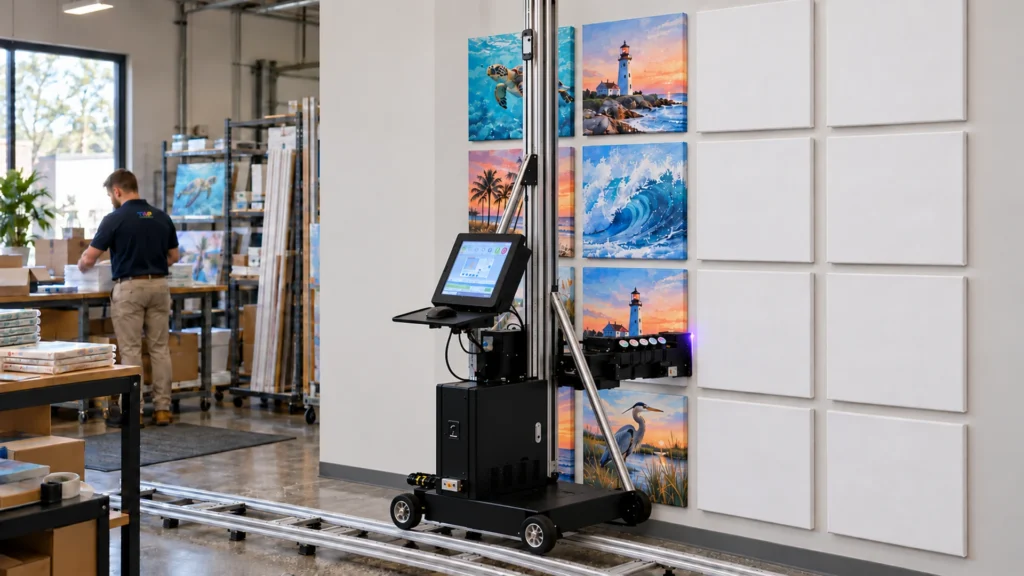 Rendering: a batch of canvas panels printed with coastal art, mounted in rows on a shop wall