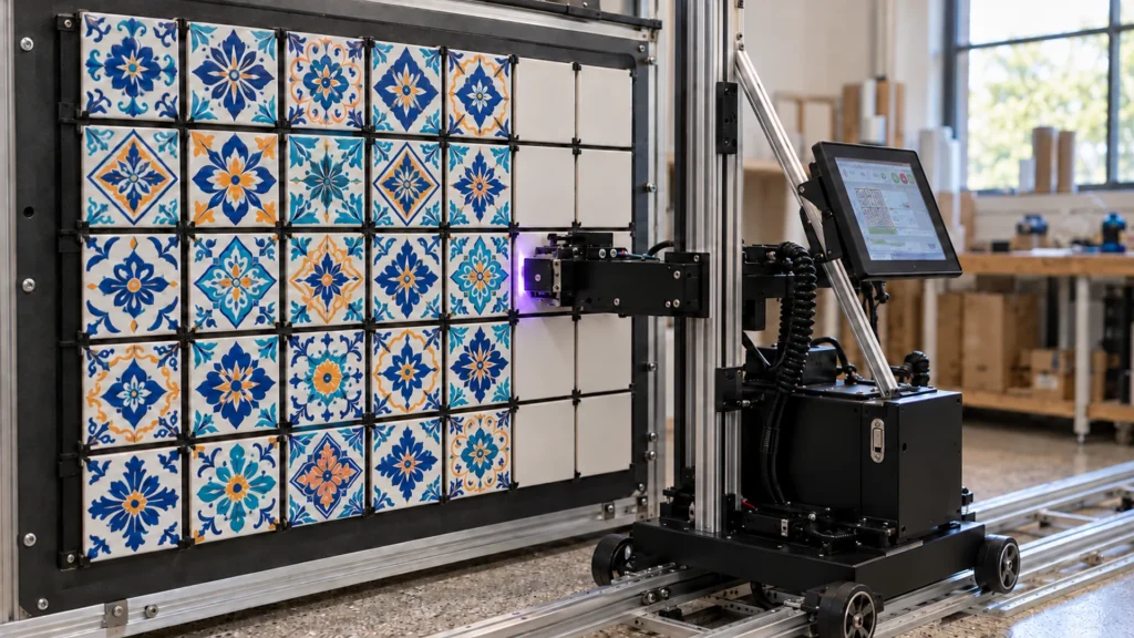 Rendering: a batch of white ceramic tiles printed with blue and orange patterns in a frame
