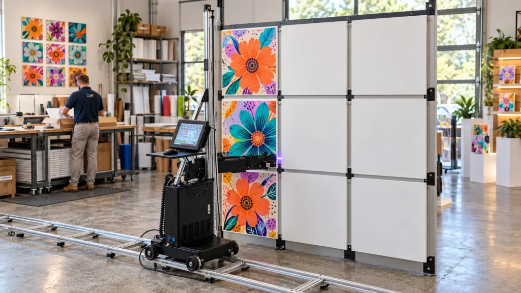 Rendering: a batch of white panels printed with bold flowers on a freestanding frame