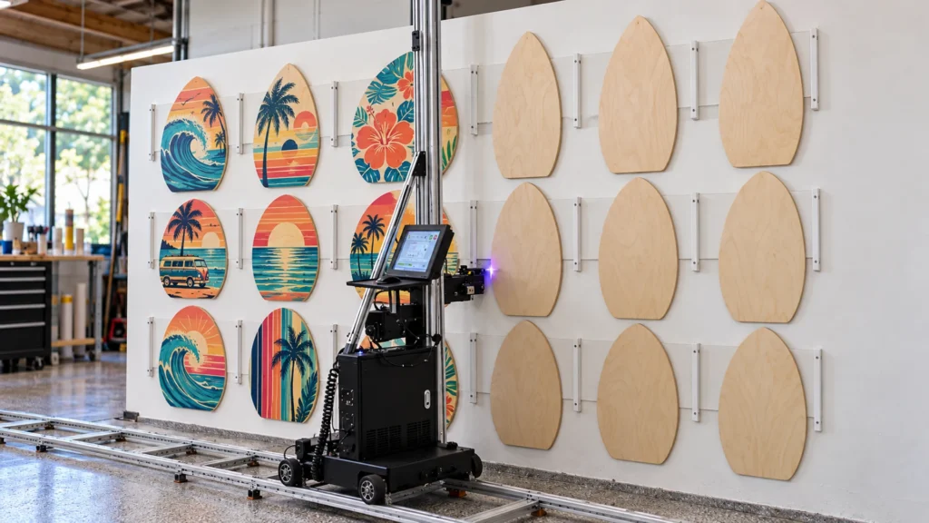 Rendering: a batch of wood skimboard blanks printed with beach designs on a shop wall