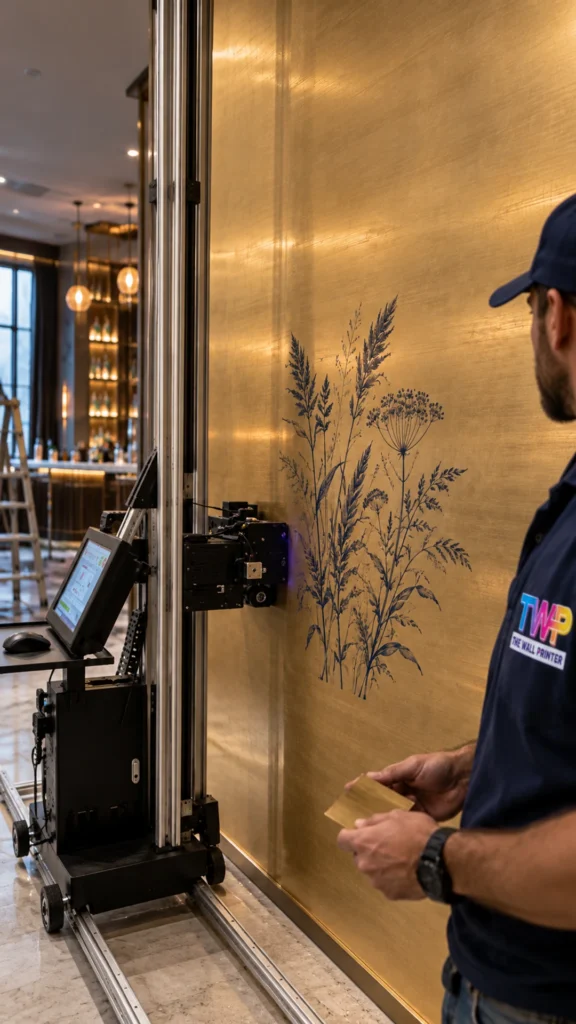 Rendering: Botanical line drawing printed on a brushed brass wall in a hotel bar