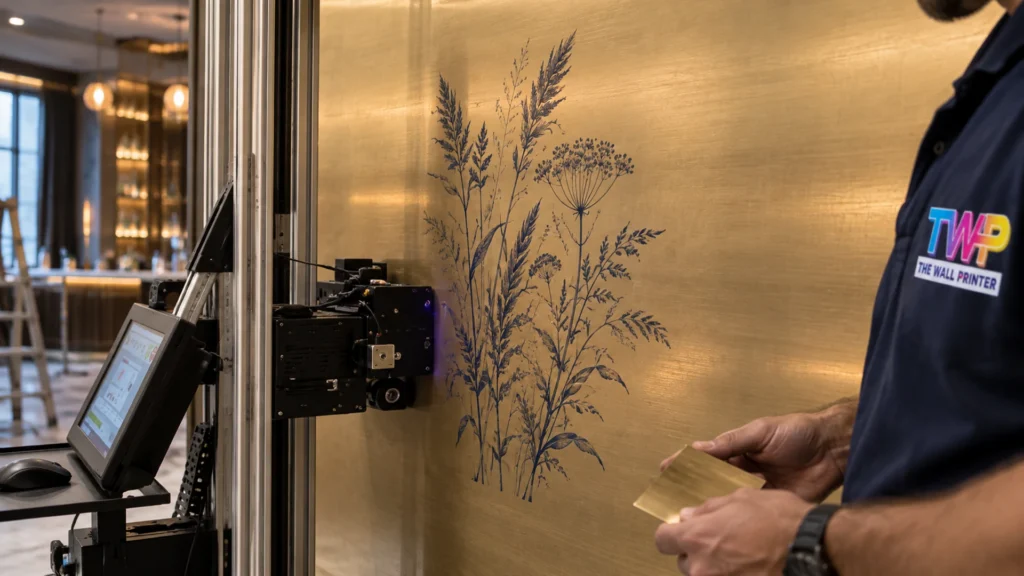 Rendering: Botanical line drawing printed on a brushed brass wall in a hotel bar
