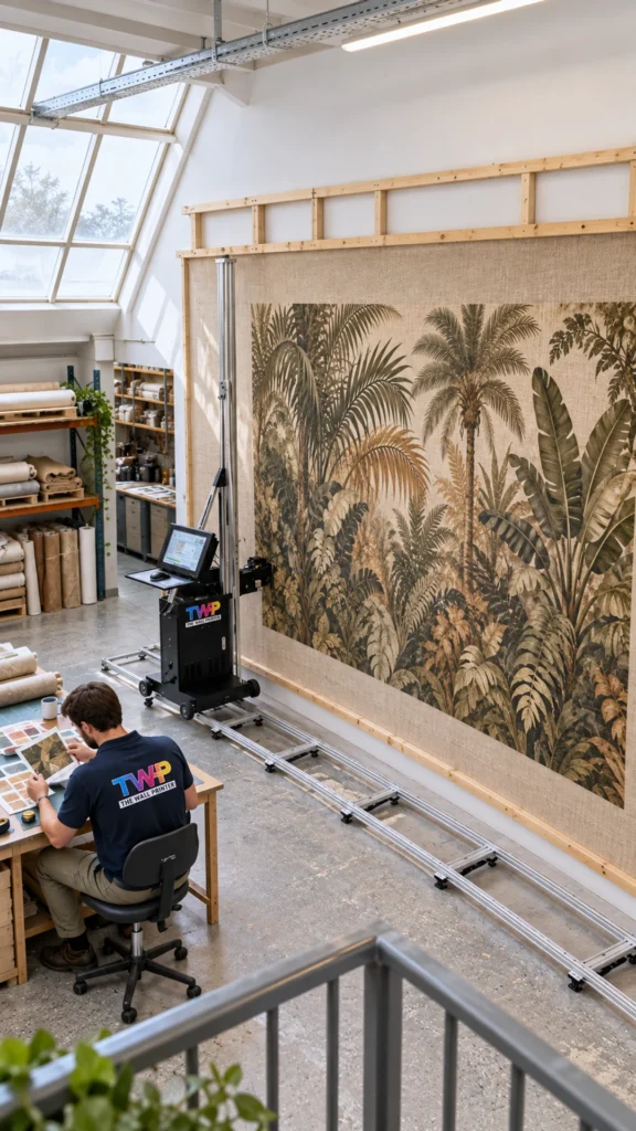Rendering: Tropical palms printed on a burlap wall panel in a design studio