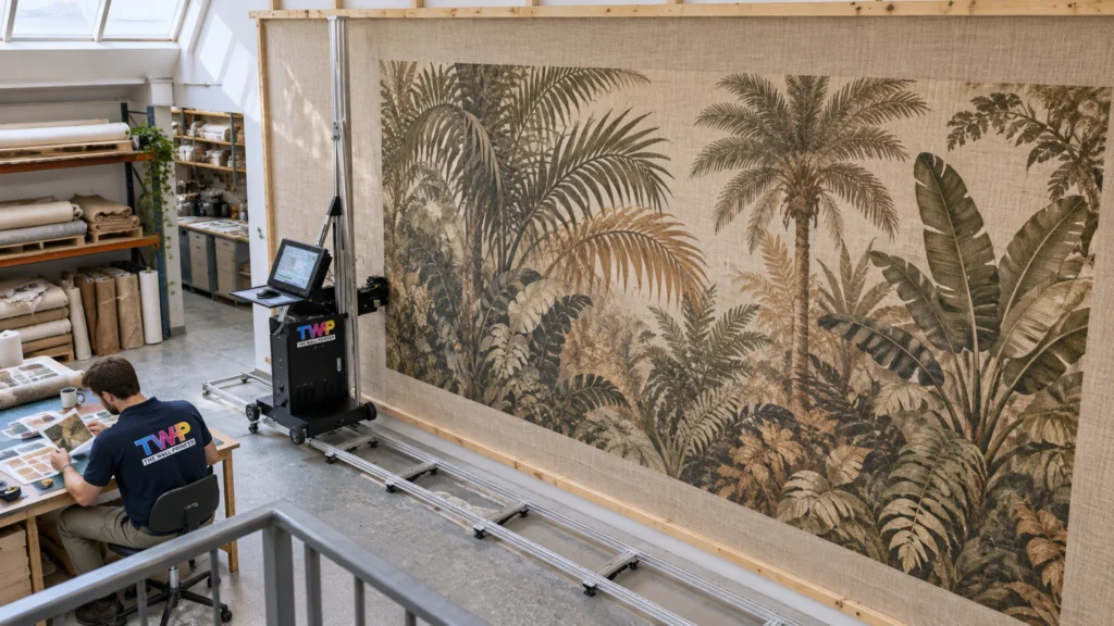 Rendering: Tropical palms printed on a burlap wall panel in a design studio